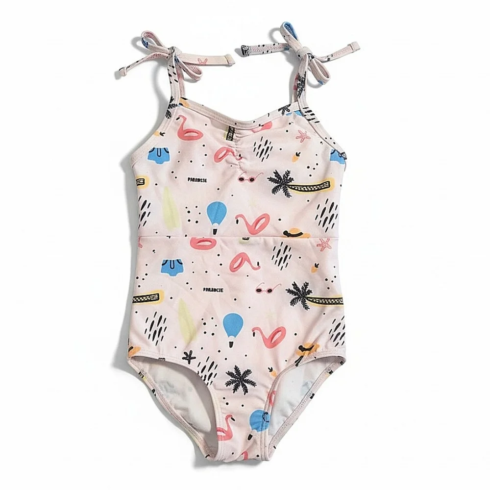 NWT! Dot Dot Smile girls' Pink Paradise Print One-Piece Swimsuit with Tie Straps